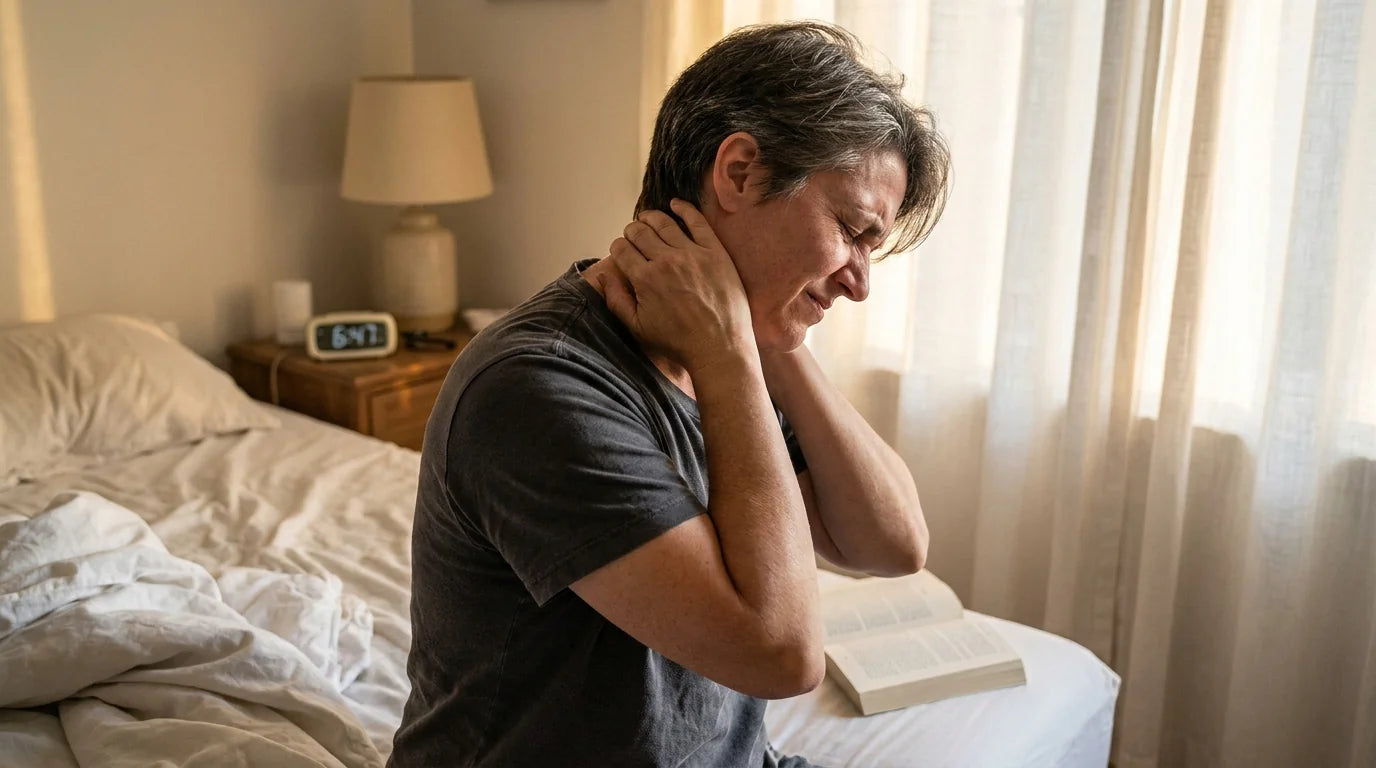 A woman sitting on the edge of an unmade bed in early morning, gripping the back of her neck in pain