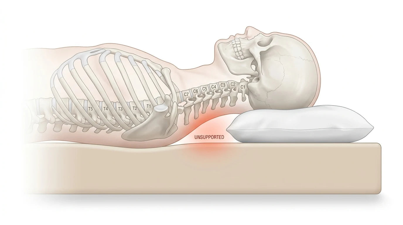 Skeleton on standard flat pillow with visible cervical gap