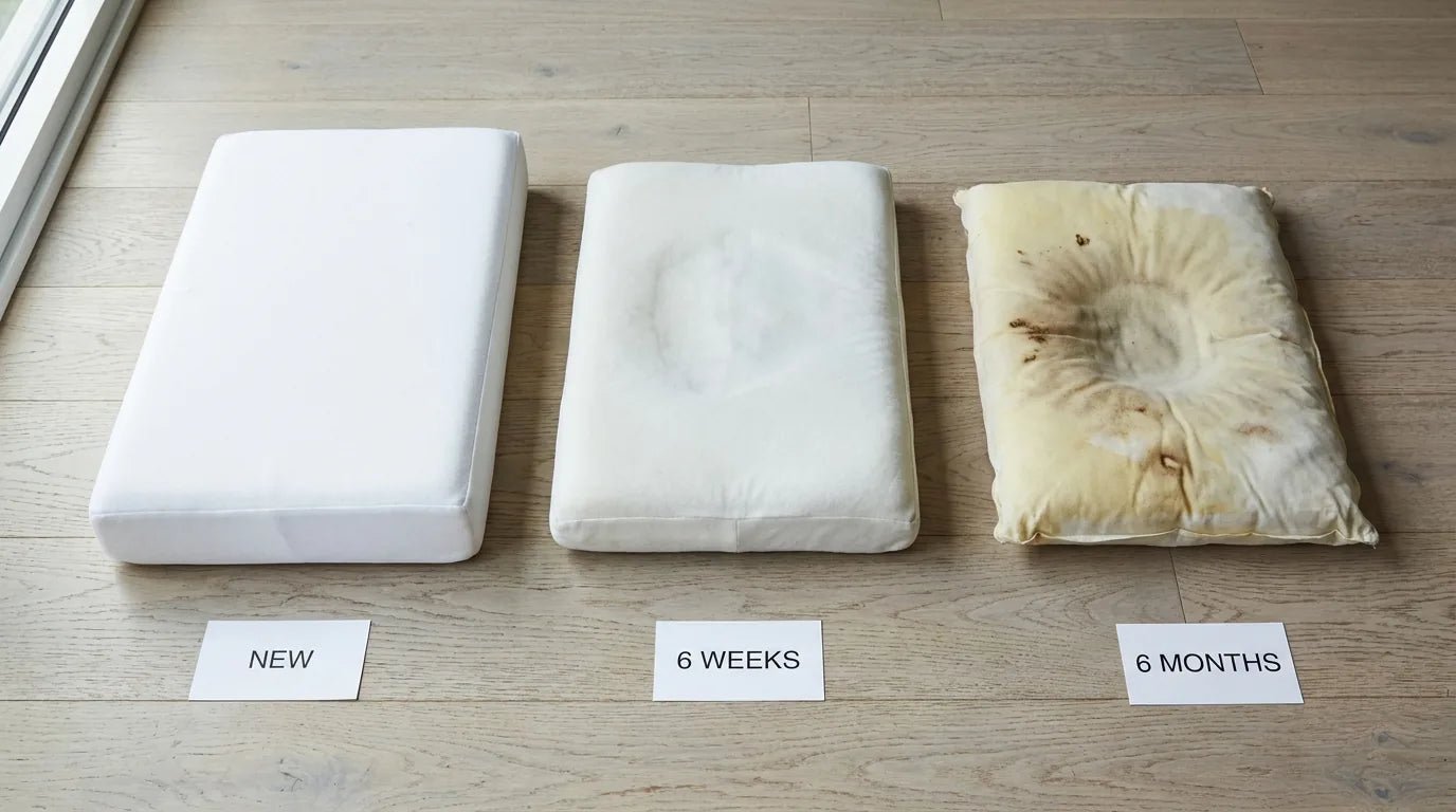 Three identical memory foam pillows showing degradation over time: new, 6 weeks, 6 months