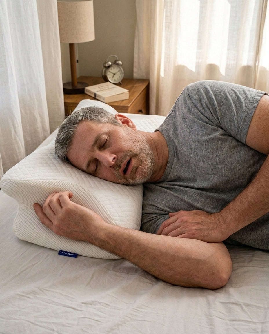 Same side sleeper with arm comfortably resting in pillow's dedicated cutout